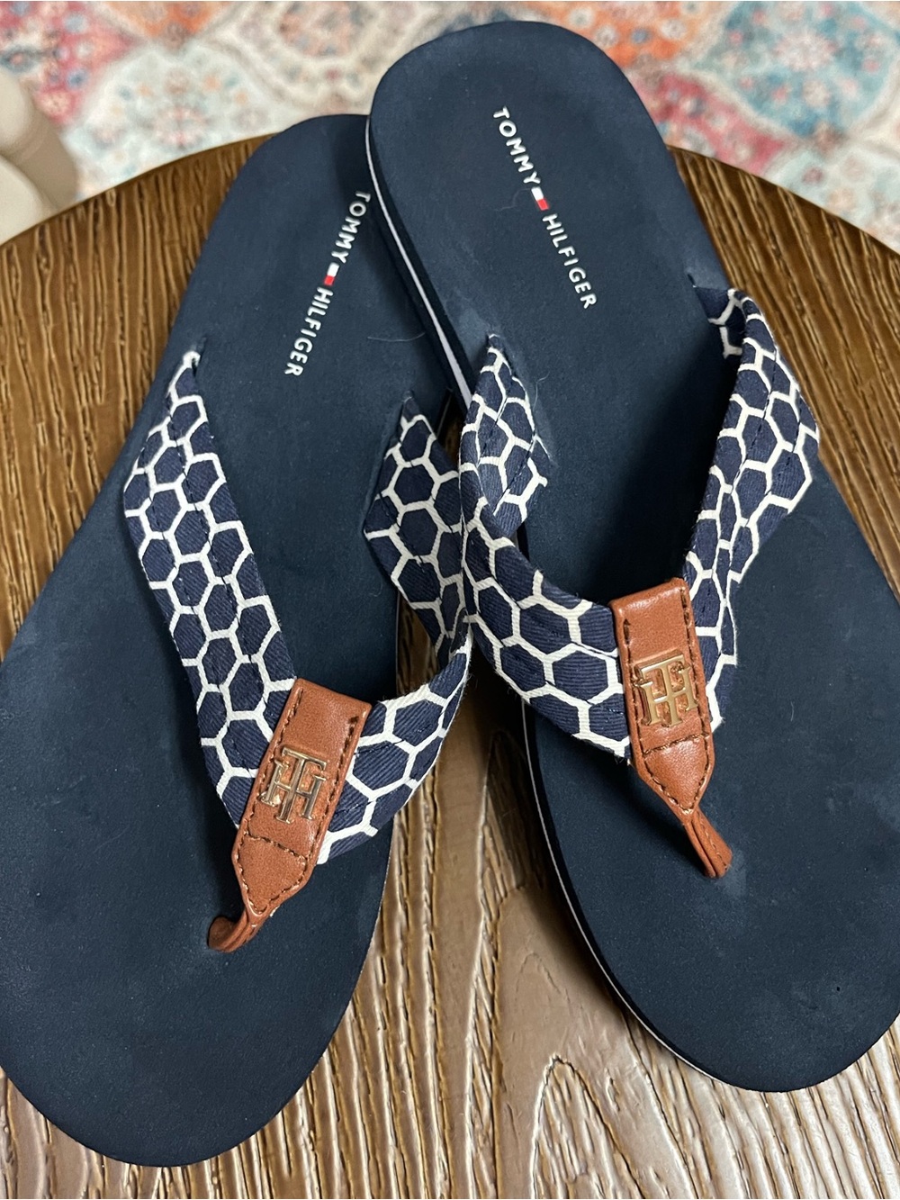 Tommy Hilfiger Navy and Brown Hex-Pattern Women’s Flip Flop Sandals